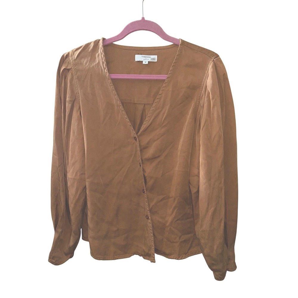 Thakoon Collective Rust Copper Puff Sleeve V-Neck Button Front Blouse Size 12